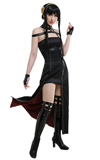 Spy House Princess Yor Killer Assassin Gothic Halter Black Dress Outfit Cosplay Costume with Leather Stockings